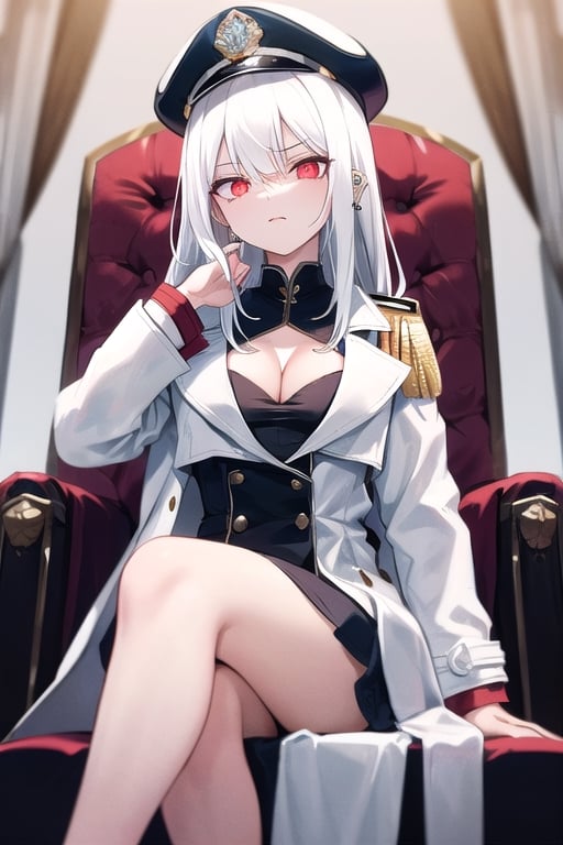  mature, woman, long white hair, red eyes, glowing eyes, commander, wearing white trench coat, piercing gaze, seductive pose, cleavage cutout, wearing hat, sitting on modern throne