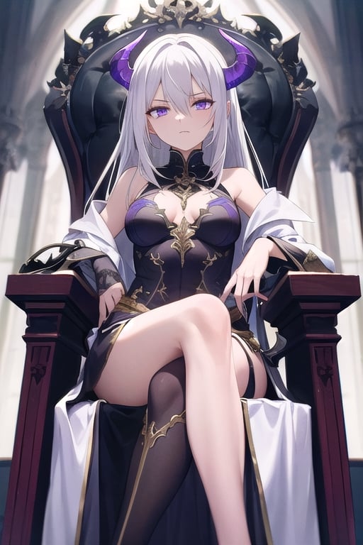  mature, woman, long white hair, purple eyes, demon lord, sitting on throne, looking down, evil 