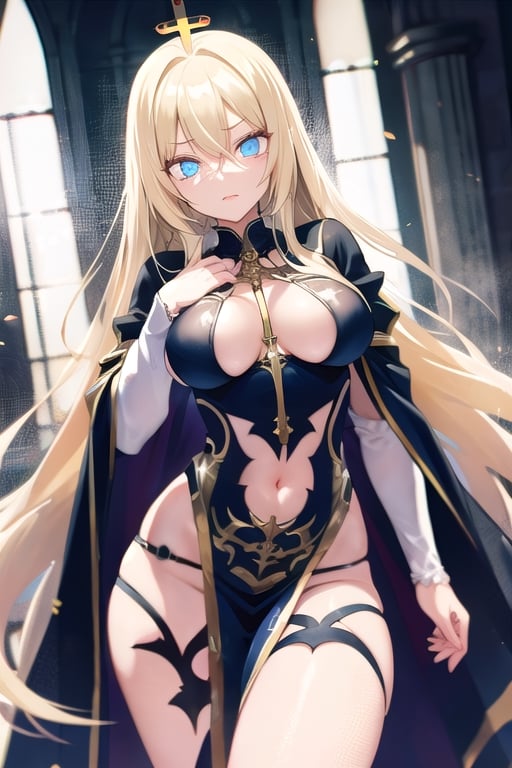  mature, woman, long blond hair, blue eyes, glowing eyes, pure, holy preistess, despair, revealing_clothes, using holy power, seductive pose