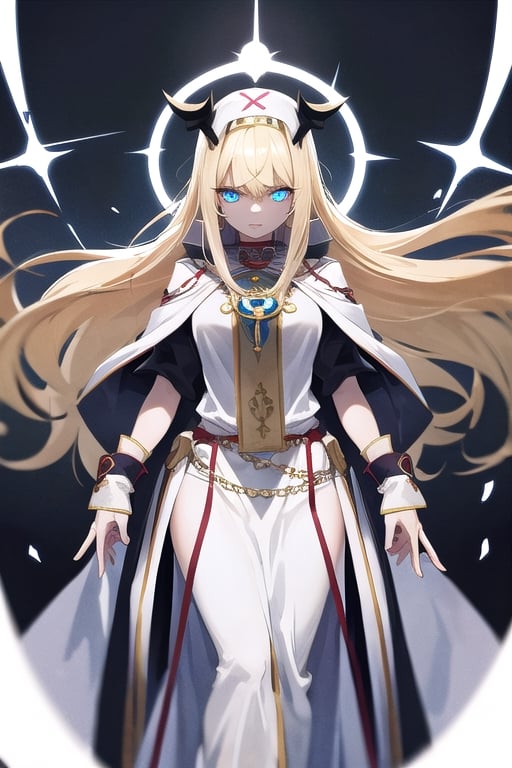  mature, woman, long blond hair, blue eyes, glowing eyes, pure priestess, evil, despair, force