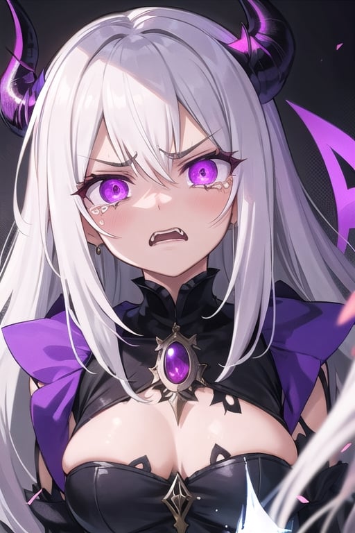  mature, woman, long white hair, purple eyes, glowing eyes, evil, demon queen, magic, despair, teary eyed, angry, magic cast