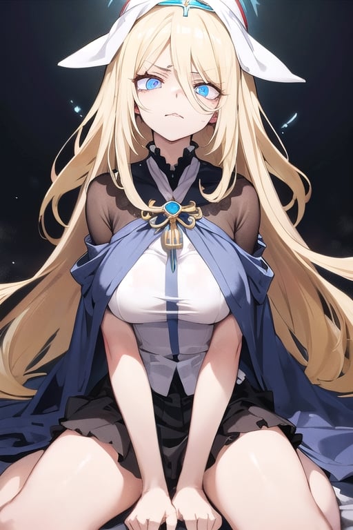  mature, woman, long blond hair, blue eyes, glowing eyes, pure priestess, evil, despair, seductive look