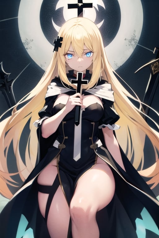  mature, woman, long blond hair, blue eyes, glowing eyes, pure, holy preistess, despair, seductive pose, holding cross staff