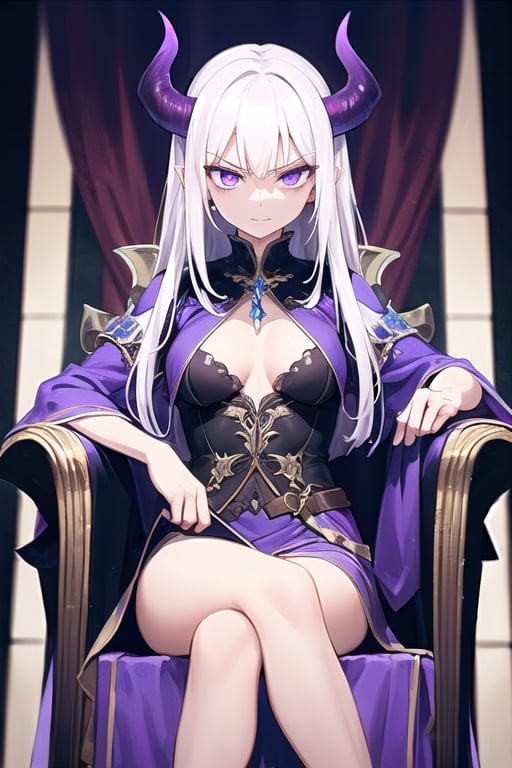  mature, woman, long white hair, purple eyes, demon lord, sitting on throne, looking down, evil, magic, seductive look