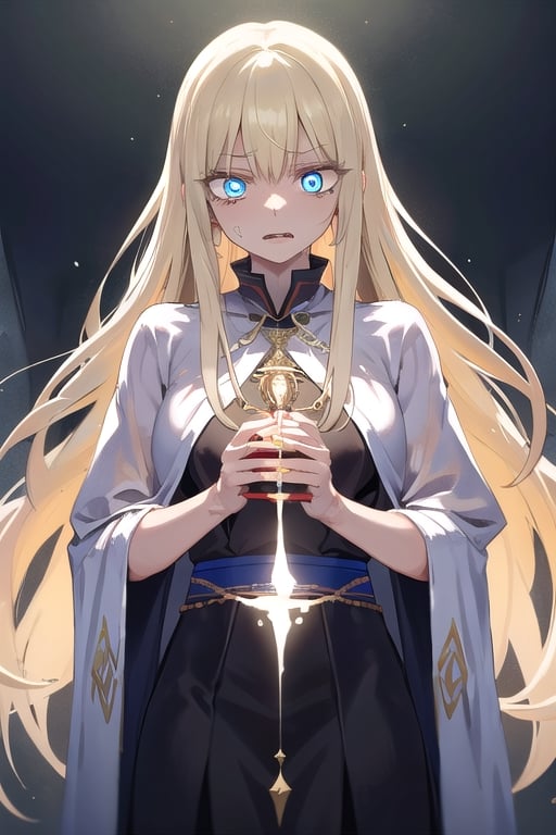  mature, woman, long blond hair, blue eyes, glowing eyes, pure priestess, evil, despair, corrupted