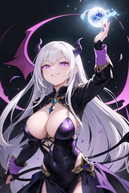  mature, woman, long white hair, purple eyes, glowing eyes, demon lord, evil, magic, seductive pose, evil smile