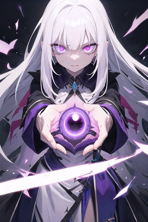  mature, woman, long white hair, purple eyes, glowing eyes, evil, magic, despair