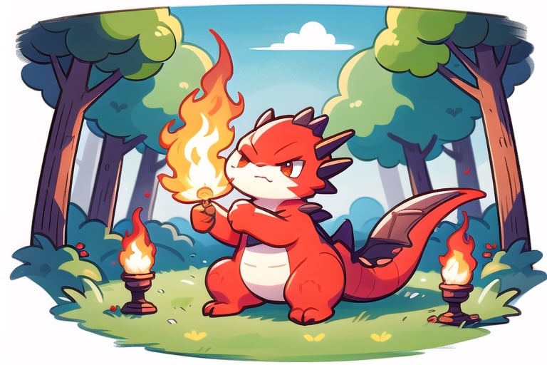 cute red dragon breathing fire, Pokémon style dragon, lucious green forest 