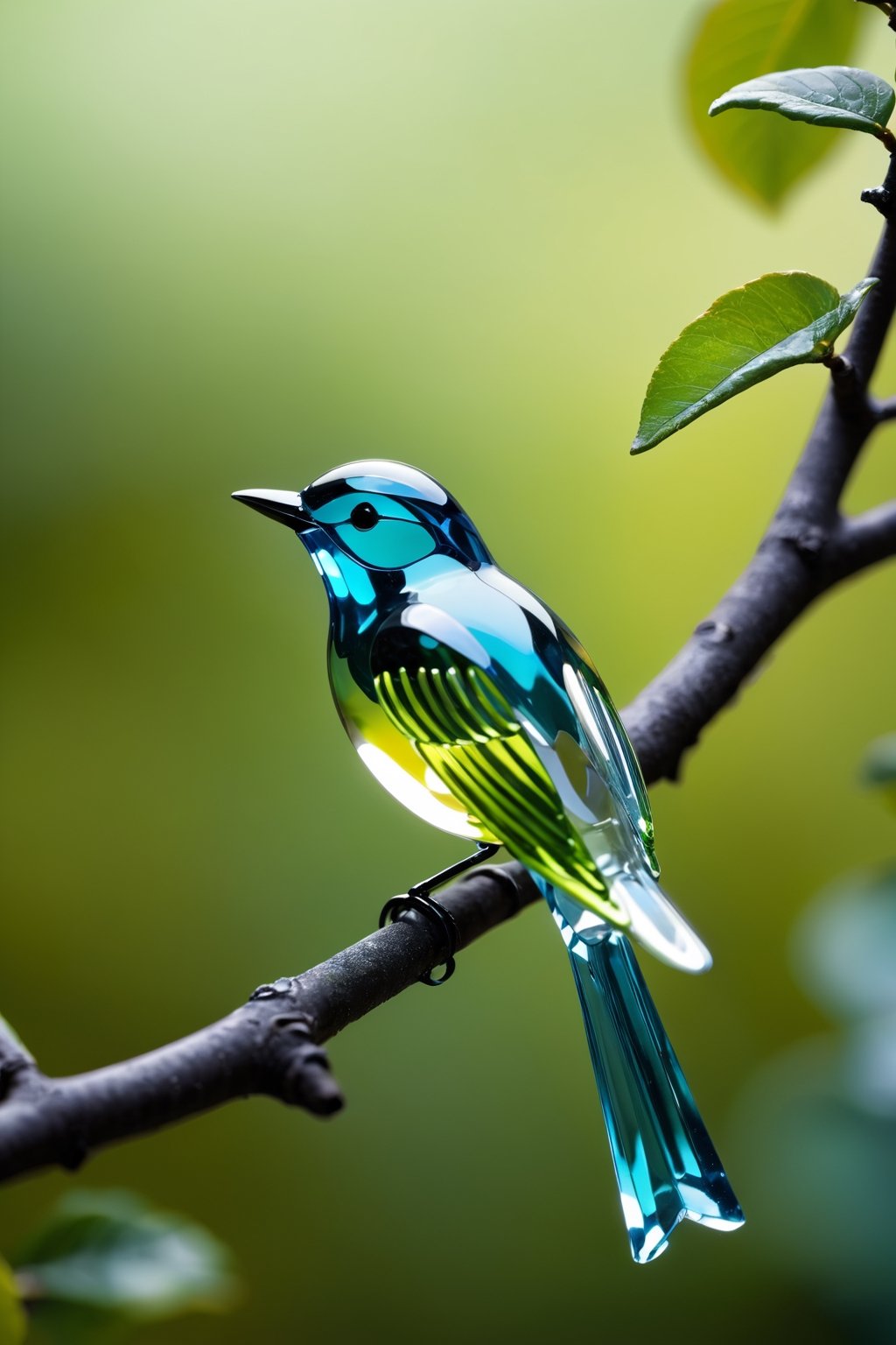Elegant glass bird perched on a branch, depth of field 