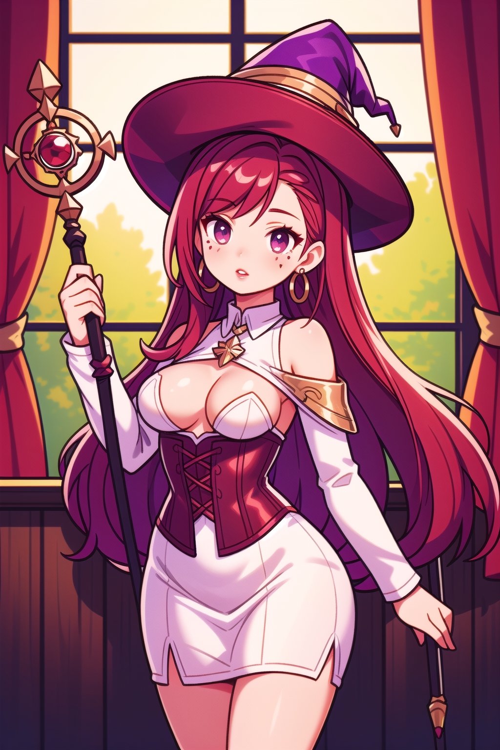 Mature female, long ginger hair, extremely long hair, beauty mark, burgundy eyes, earrings, medium breasts, boob window, exposed shoulders, burgundy lips, long legs

Burgundy Witches hat, white feather on hat, long white pencil dress, full length white pencil dress, burgundy top, burgundy corset, white collar, gold arm brazers, magic staff