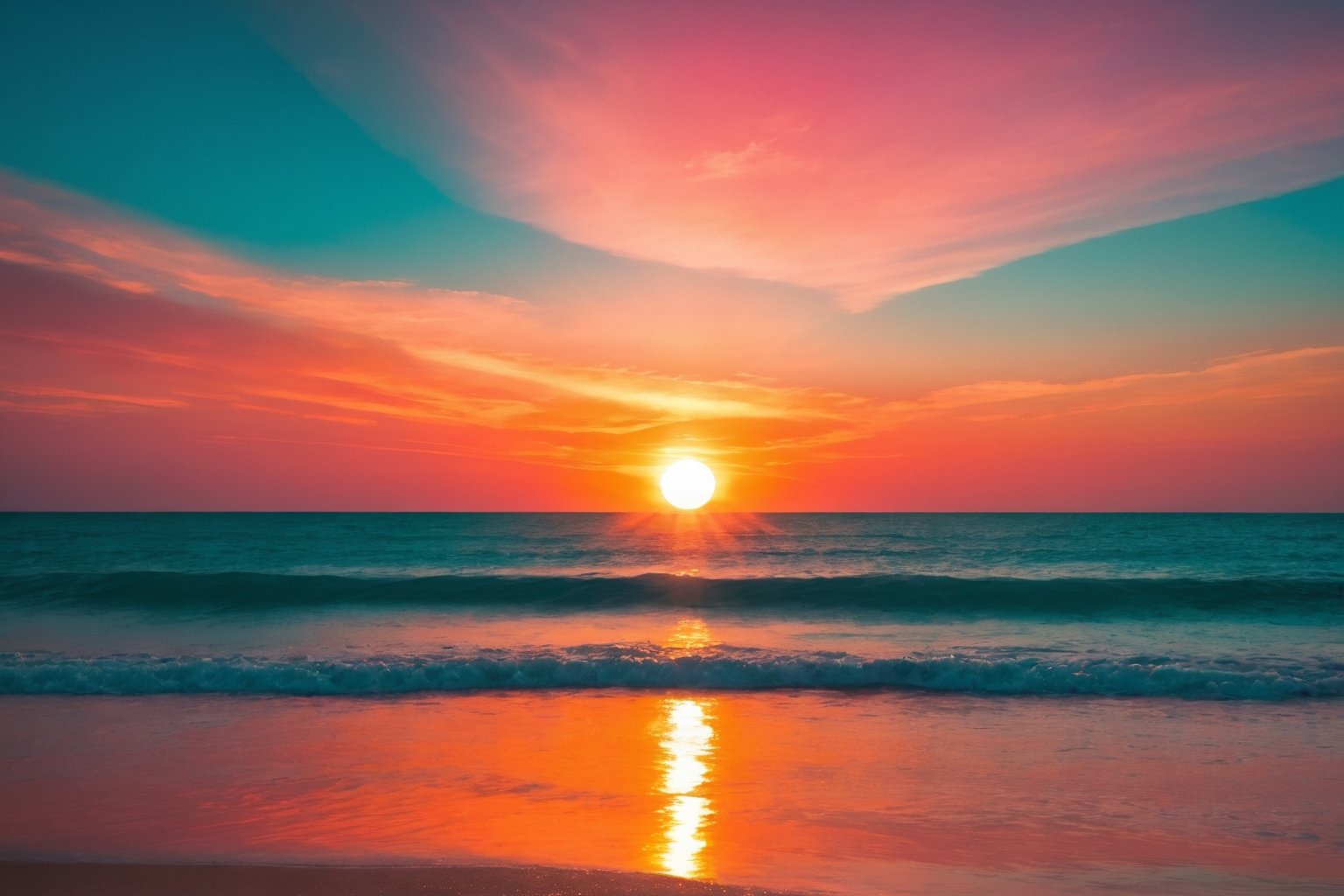 The sun appears over the sea, teal, orange, pink