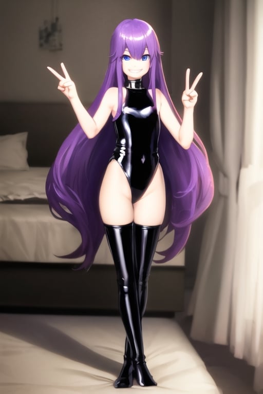 long-hair,single female, purple hair,latex leotard, standing, light_blue_eyes, thigh_highs, slightly bent forward, grinning, thin, hands_raised, peace sign , exposed shoulders, infront of bed
