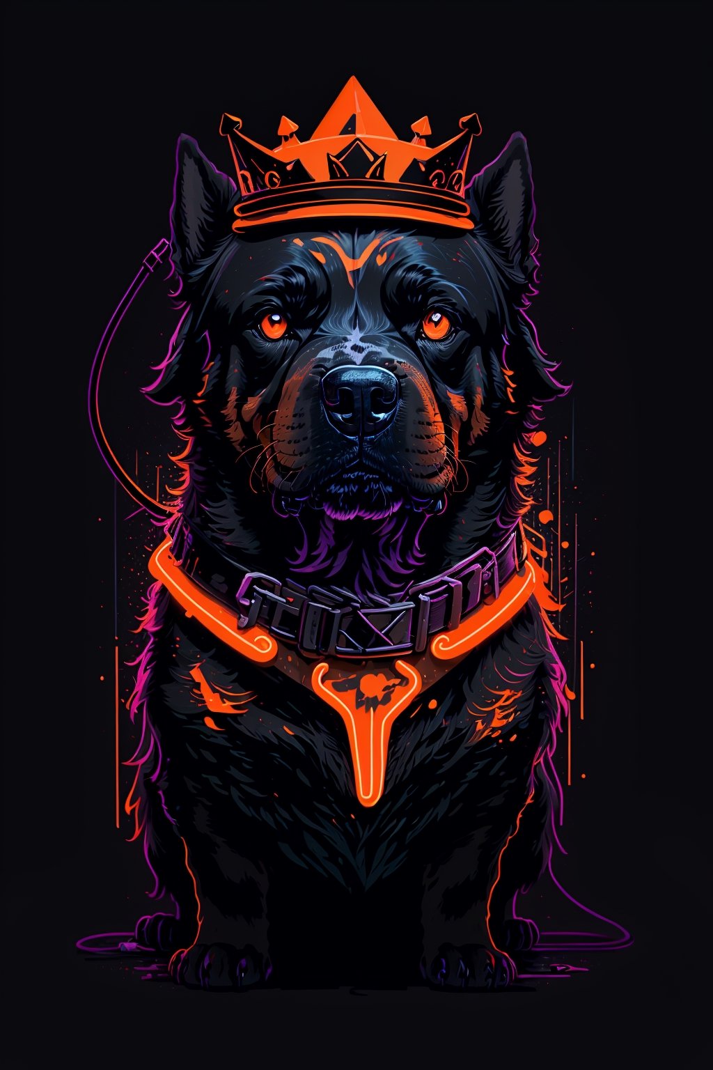 masterpiece, best quality, ultra high res, a cute rottweiler, animal, beautiful, visually stunning, elegant, incredible details, award-winning painting, high contrast, vector art, line art, splatter, flat color, color merge gradient, (dog:0.7), (dark black theme:1.2), (orange neon color), glowing, orange neon, crown, dog eyes, 