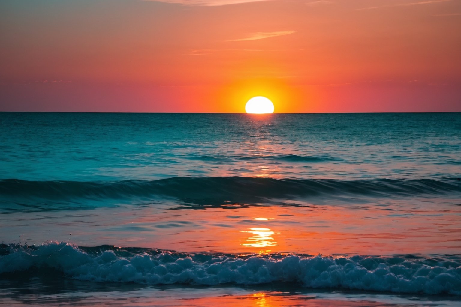 The sun appears over the sea, teal, orange, pink