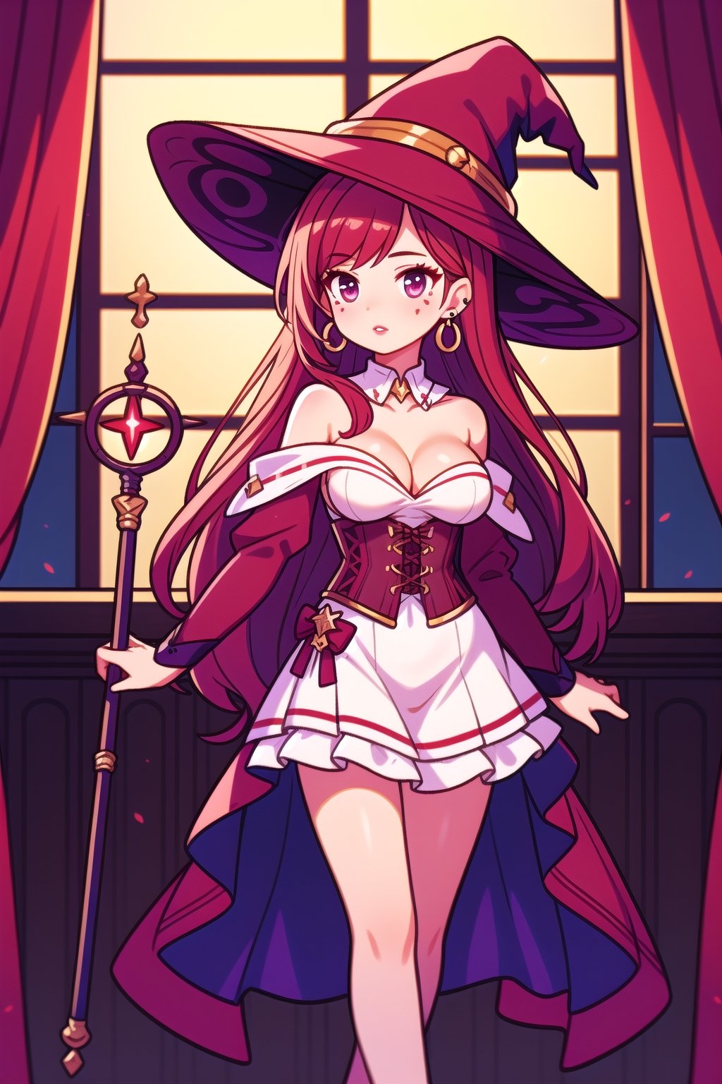 Mature female, long ginger hair, extremely long hair, beauty mark, burgundy eyes, earrings, medium breasts, boob window, exposed shoulders, burgundy lips, long legs

Burgundy Witches hat, white feather on hat, long white dress, burgundy top, burgundy corset, white collar, gold arm brazers, magic staff