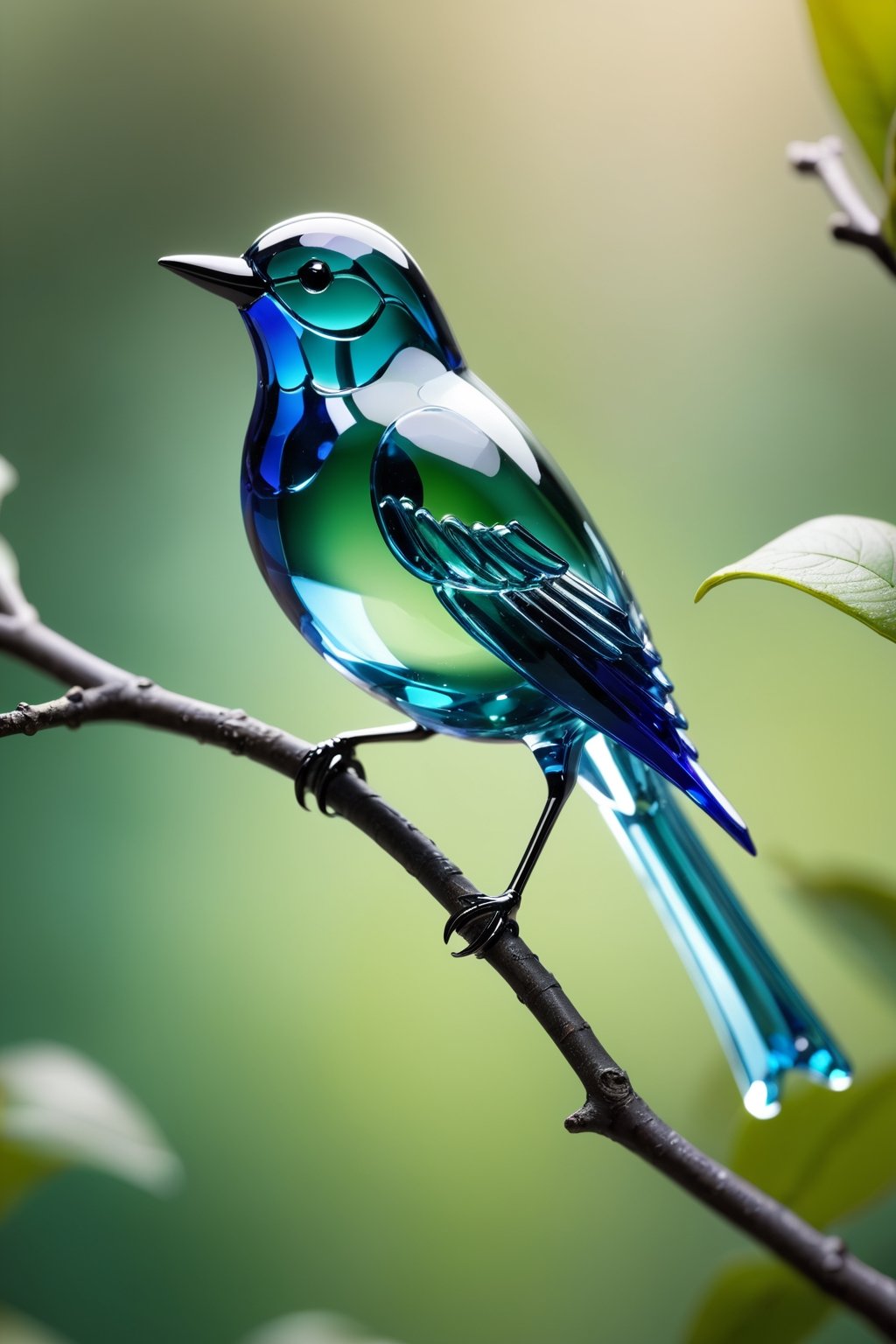 Elegant glass bird perched on a branch, depth of field 