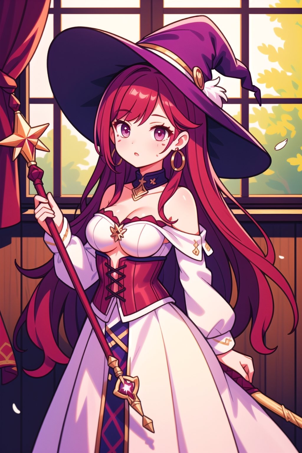Mature female, long ginger hair, extremely long hair, beauty mark, burgundy eyes, earrings, medium breasts, boob window, exposed shoulders 

Burgundy Witches hat, white feather on hat, long white dress, burgundy top, burgundy corset, white collar, gold arm brazers, magic staff