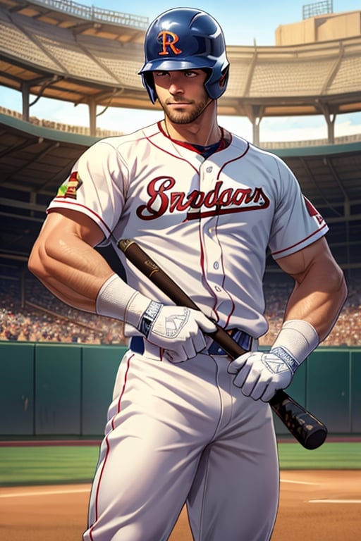 baseballplayer,  photo of a Belgian man,  holding baseball bat,  helmet,  white jockstrap,  gloves,  baseball field,  dugout,  realistic,  masterpiece,  intricate details,  detailed background,  depth of field,  pubic_hair_(male), 