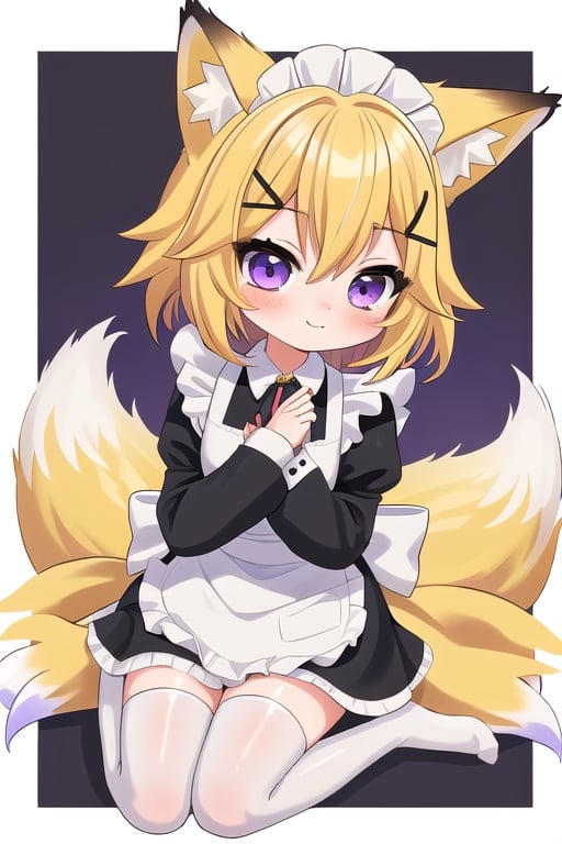 1GIRL,kawaii,chibi,FOX GIRL,fox ears yellow,Yellow Hair,purple eyes,White Sweater,maid,black stockings,purple x-shaped head clip