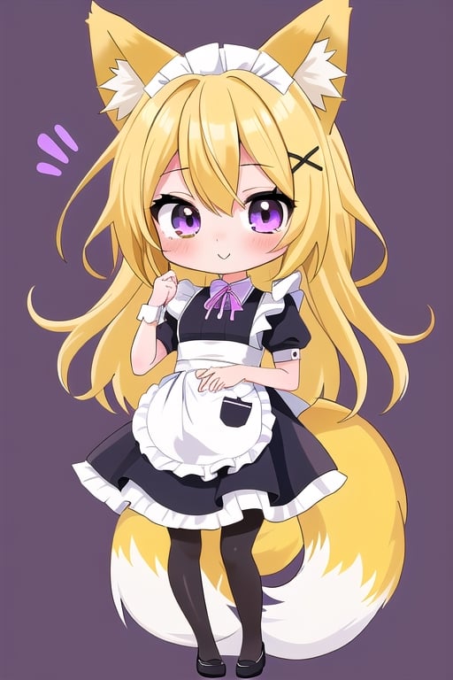 1GIRL,kawaii,chibi,FOX GIRL,fox ears yellow,Yellow Hair,purple eyes,pink maid,yellow stockings,purple x-shaped head clip