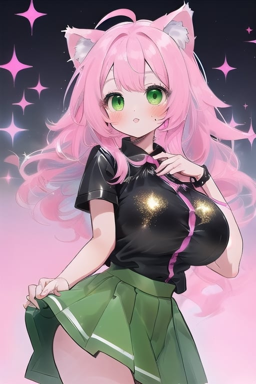 1 CAT GIRL PINK HAIR,green eyes,black blouse,black blouse, green skirt,big_boobs,,glitter,pink cat ears,,large hair,