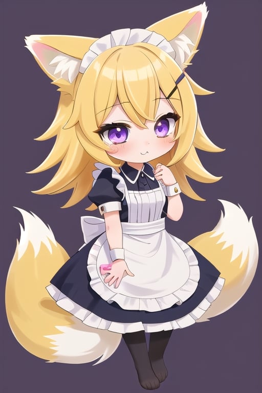 1GIRL,kawaii,chibi,FOX GIRL,fox ears yellow,Yellow Hair,purple eyes,pink maid,yellow stockings,purple x-shaped head clip