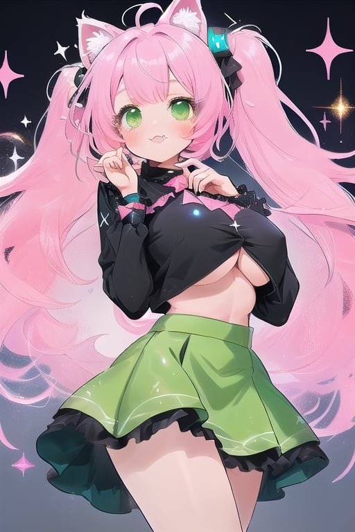 1 CAT GIRL PINK HAIR,green eyes,black blouse,black blouse, green skirt,big_boobs,,glitter,pink cat ears,,large hair,