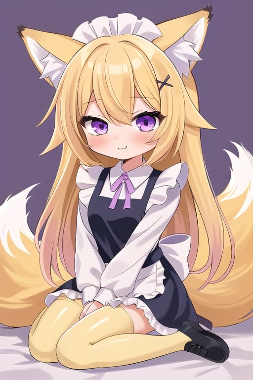 1GIRL,kawaii,chibi,FOX GIRL,fox ears yellow,Yellow Hair,purple eyes,White Sweater,pink maid,yellow stockings,purple x-shaped head clip