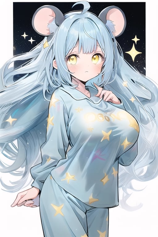 1 MOUSE GIRL LIGHT BLUE HAIR,yellow eyes,pijama ,,big_boobs,,glitter,large hair,