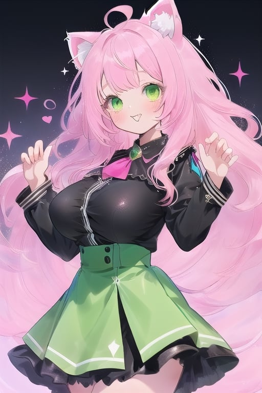 1 CAT GIRL PINK HAIR,green eyes,black blouse,black blouse, green skirt,big_boobs,,glitter,pink cat ears,,large hair,