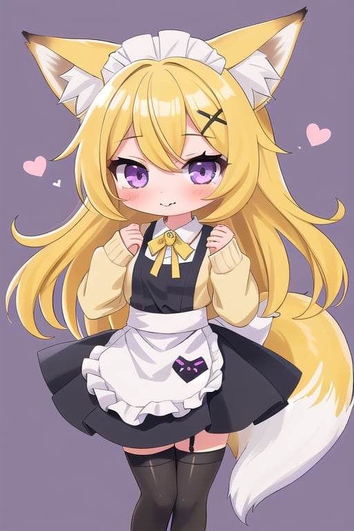 1GIRL,kawaii,chibi,FOX GIRL,fox ears yellow,Yellow Hair,purple eyes,White Sweater,maid,black stockings,purple x-shaped head clip