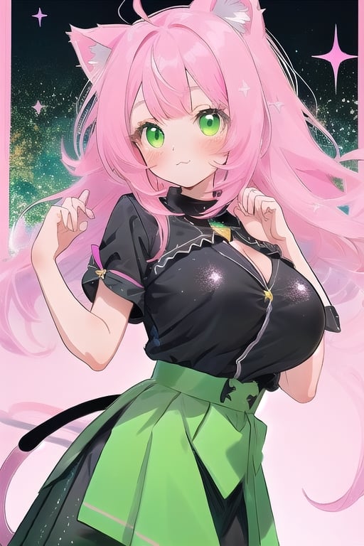 1 CAT GIRL PINK HAIR,green eyes,black blouse,black blouse, green skirt,big_boobs,,glitter,pink cat ears,,large hair,