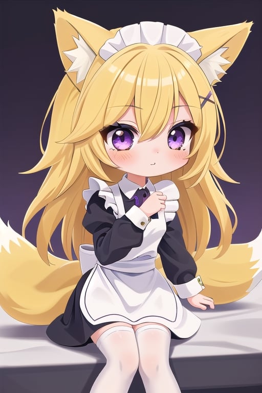 1GIRL,kawaii,chibi,FOX GIRL,fox ears yellow,Yellow Hair,purple eyes,White Sweater,maid,black stockings,purple x-shaped head clip