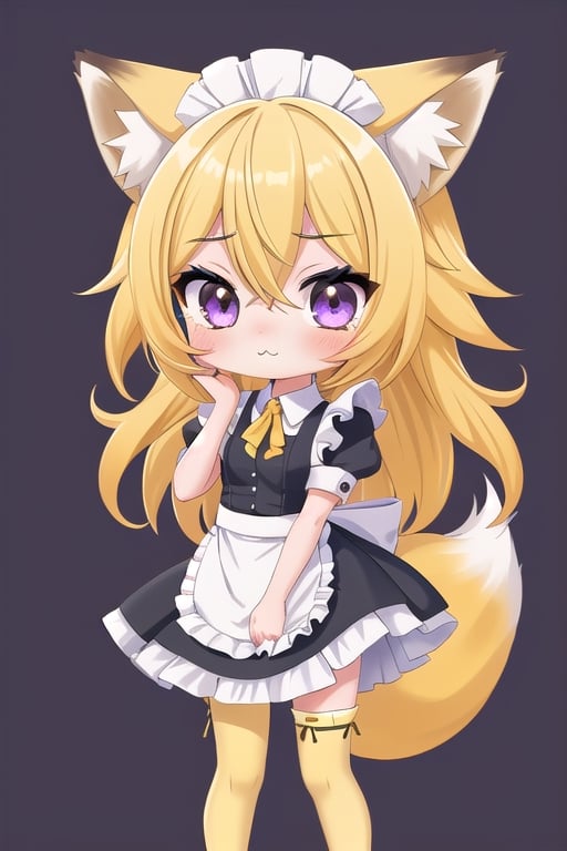 1GIRL,kawaii,chibi,FOX GIRL,fox ears yellow,Yellow Hair,purple eyes,maid,yellow stockings