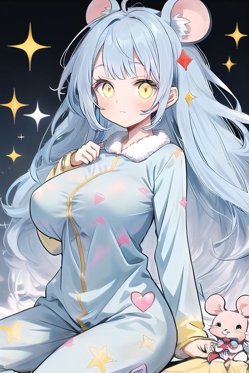 1 MOUSE GIRL LIGHT BLUE HAIR,yellow eyes,red pijama  ,,big_boobs,,glitter,large hair,