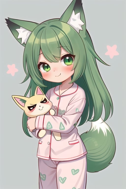 1GIRL,kawaii,pijama,spiderman pijama,chibi,FOX GIRL,fox ears green,Green Hair