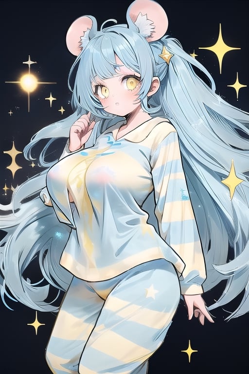 1 MOUSE GIRL LIGHT BLUE HAIR,yellow eyes,pijama ,,big_boobs,,glitter,large hair,