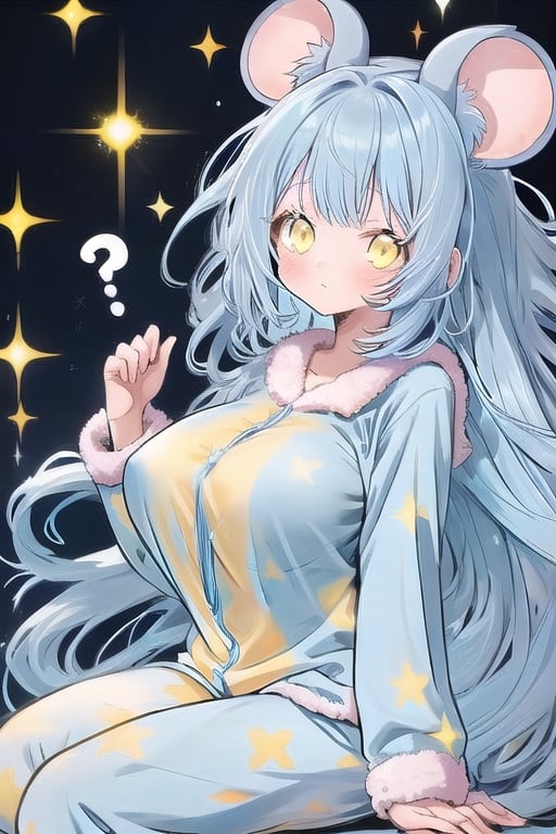 1 MOUSE GIRL LIGHT BLUE HAIR,yellow eyes,red pijama  ,,big_boobs,,glitter,large hair,