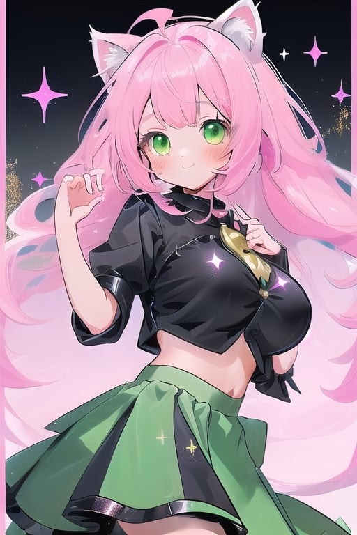 1 CAT GIRL PINK HAIR,green eyes,black blouse,black blouse, green skirt,big_boobs,,glitter,pink cat ears,,large hair,