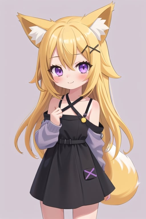 1GIRL,kawaii,chibi,FOX GIRL,fox ears yellow,Yellow Hair,purple eyes,White Sweater,black dress with straps,x-shaped head clip