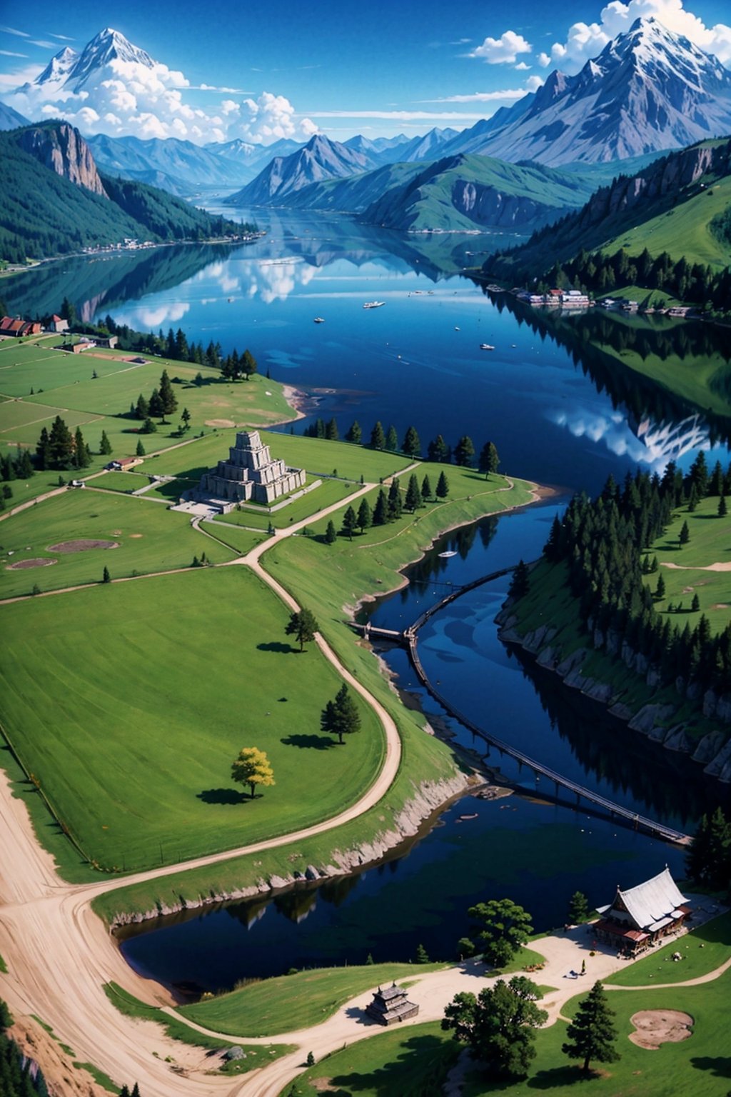 masterpiece, best quality, High resolution, anime style, View looking down from the top of the mountain, (Back view of a girl sitting on top of a mountain), (wearing a white dress and feather headress), mountain flowers are blooming around her, in the valley ahead is a large lake, ((There is a large inca temple on the other side of the lake)), around the lake is a meadow with a forest of use trees and settlements in places, ,ff14bg,blurry_light_background