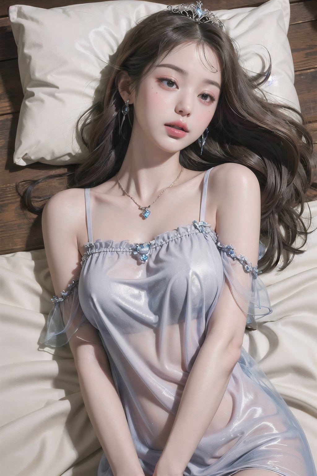 ((Top quality, beautifully painted, very detailed)), Lying on a bed, long and big wavy hair, gray hair, sleepy eyes, skin with visible veins, ((see - through nightgown)), expensive necklace, expensive earrings, tiara, ((see - through body)), ((without underwear)), big breasts,jwy1, looking at the camera