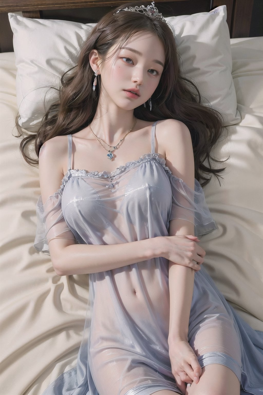 ((Top quality, beautifully painted, very detailed)), Lying on a bed, long and big wavy hair, gray hair, sleepy eyes, skin with visible veins, ((see - through nightgown)), expensive necklace, expensive earrings, tiara, ((see - through body)), ((without underwear)), big breasts,jwy1, looking at the camera