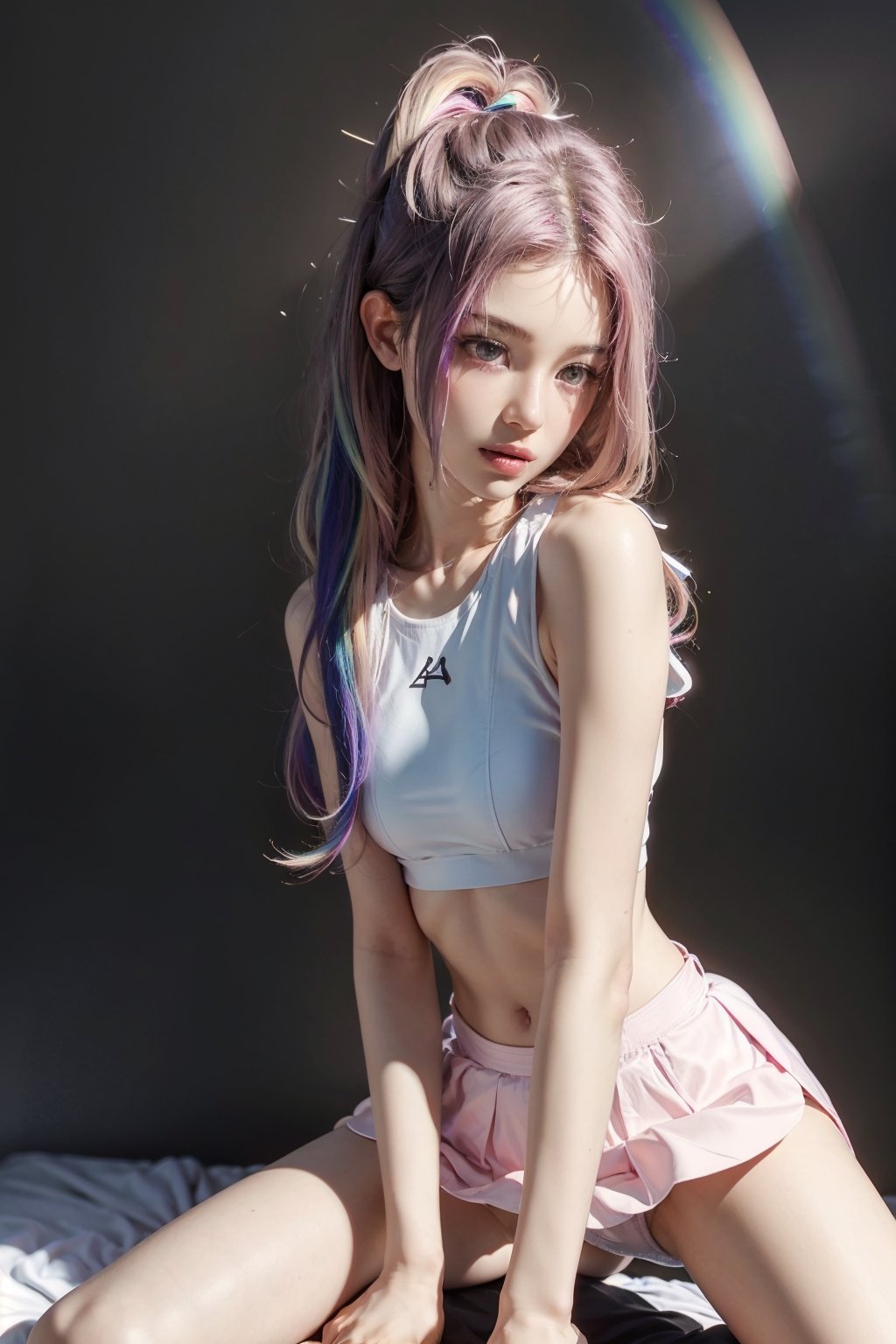 a 30 yo woman, ((long_wave_hair)), (hi-top fade:1.3), soothing tones, muted colors, high contrast, (natural skin texture, hyperrealism, soft light, sharp),a girl, solo, highly detailed beautiful face and eyes,(((Rainbow hair))), detailed skin texture, textured skin, realistic dull skin noise, visible skin detail, skin fuzz, glossy skin, petite, (white gradation hair),light pinklong hair,
nsfw, (front focus:1.4), hetero,(straddling:1.3), alluring move, exposed sex drive, mouth_open, ((tube_top)),((without_panty)),((tennis_skirt)), jwy1,realhands,(waist_shot),aespakarina,karinalorashy,yujinlorashy,goyoonjung,danielle