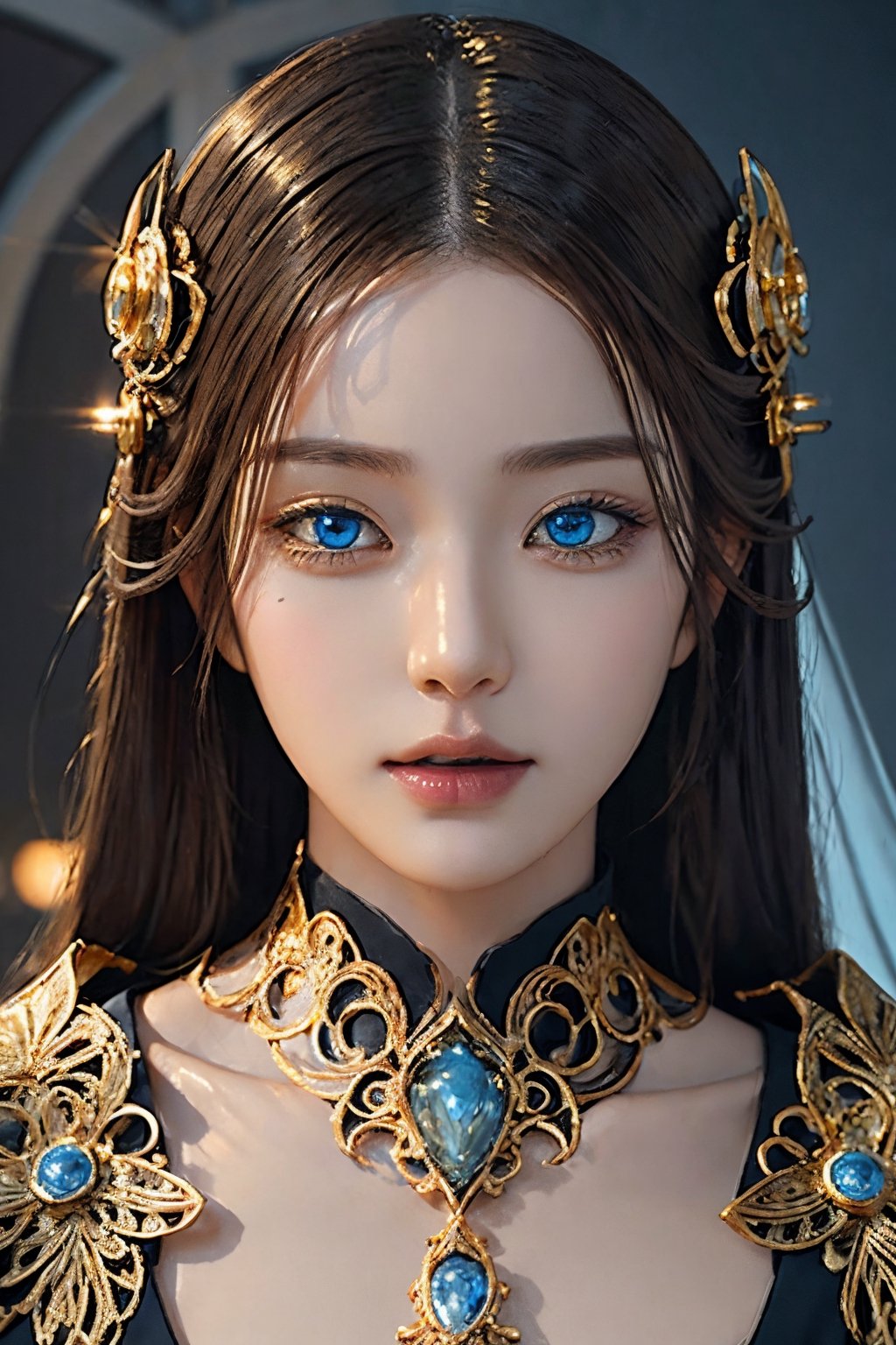 surreal photography of a stunningly beautiful cyborg female, blue eyes, embraced, delicate gold filigree, intricate detailed, glowing, in the style of beth cavener, jin kagetsu, and wlop, highly detailed, intricate filigree, chrome face symmetry, masterpiece, award - winning, sharp focus, concept art, high key, ambient lighting, 8 k, octane render,High detailed ,jwy1