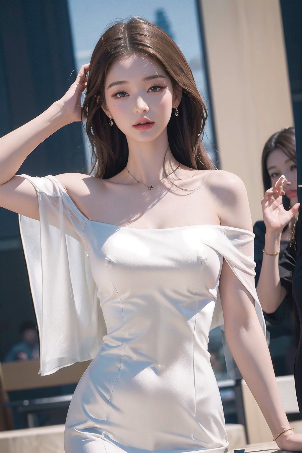 8k, masterpiece, best quality, realistic, sharp focus, , extremely detailed,see-through dress,skiny body, off shoulder dress