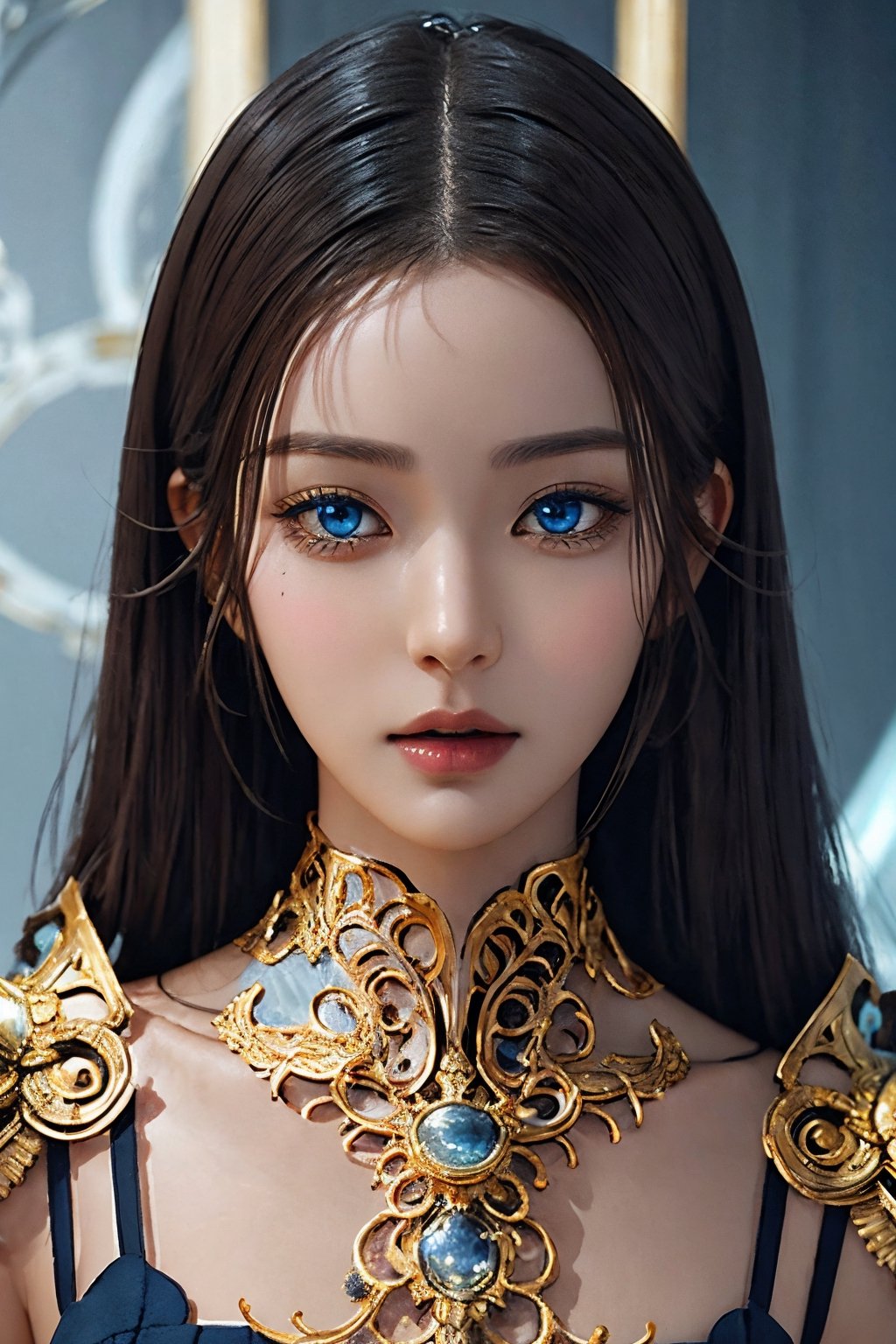 surreal photography of a stunningly beautiful cyborg female, blue eyes, embraced, delicate gold filigree, intricate detailed, glowing, in the style of beth cavener, jin kagetsu, and wlop, highly detailed, intricate filigree, chrome face symmetry, masterpiece, award - winning, sharp focus, concept art, high key, ambient lighting, 8 k, octane render,High detailed ,jwy1