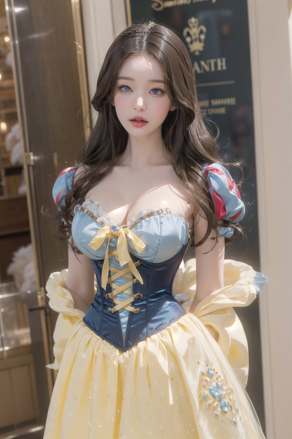 Sexy pinup model, Disney princess snow white, high_res,  detailed eyes, , tight blue corset, , yellow dress, fluffy hair, magical ,snowwhite,jwy1,hand_behind_back
