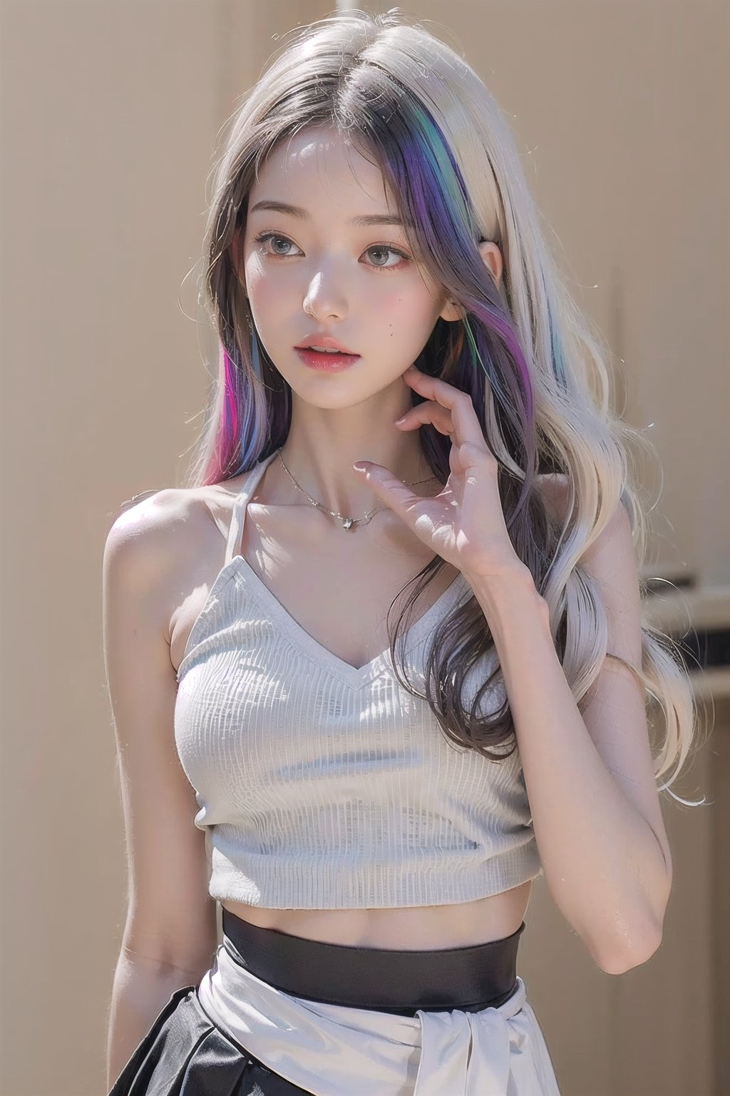 a 30 yo woman, ((long_wave_hair)), (hi-top fade:1.3), soothing tones, muted colors, high contrast, (natural skin texture, hyperrealism, soft light, sharp),a girl, solo, highly detailed beautiful face and eyes,(((Rainbow hair))), detailed skin texture, textured skin, realistic dull skin noise, visible skin detail, skin fuzz, glossy skin, (white gradation hair),light pinklong hair,
nsfw, (front focus:1.4), ((black_top)), ((black_tennis_skirt))
,jwy1,realhands,(waist_shot)