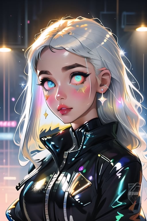 (masterpiece), best quality, expressive eyes, perfect face, glowing eyes, white hair, bangs, long hair, bunny_suit, hair ornaments, latex bodysuit, Volumetric Lighting, glitter, blush stickers, glitter, High detailed, SAM YANG, glitter, shiny, cyberpunk, crop jacket